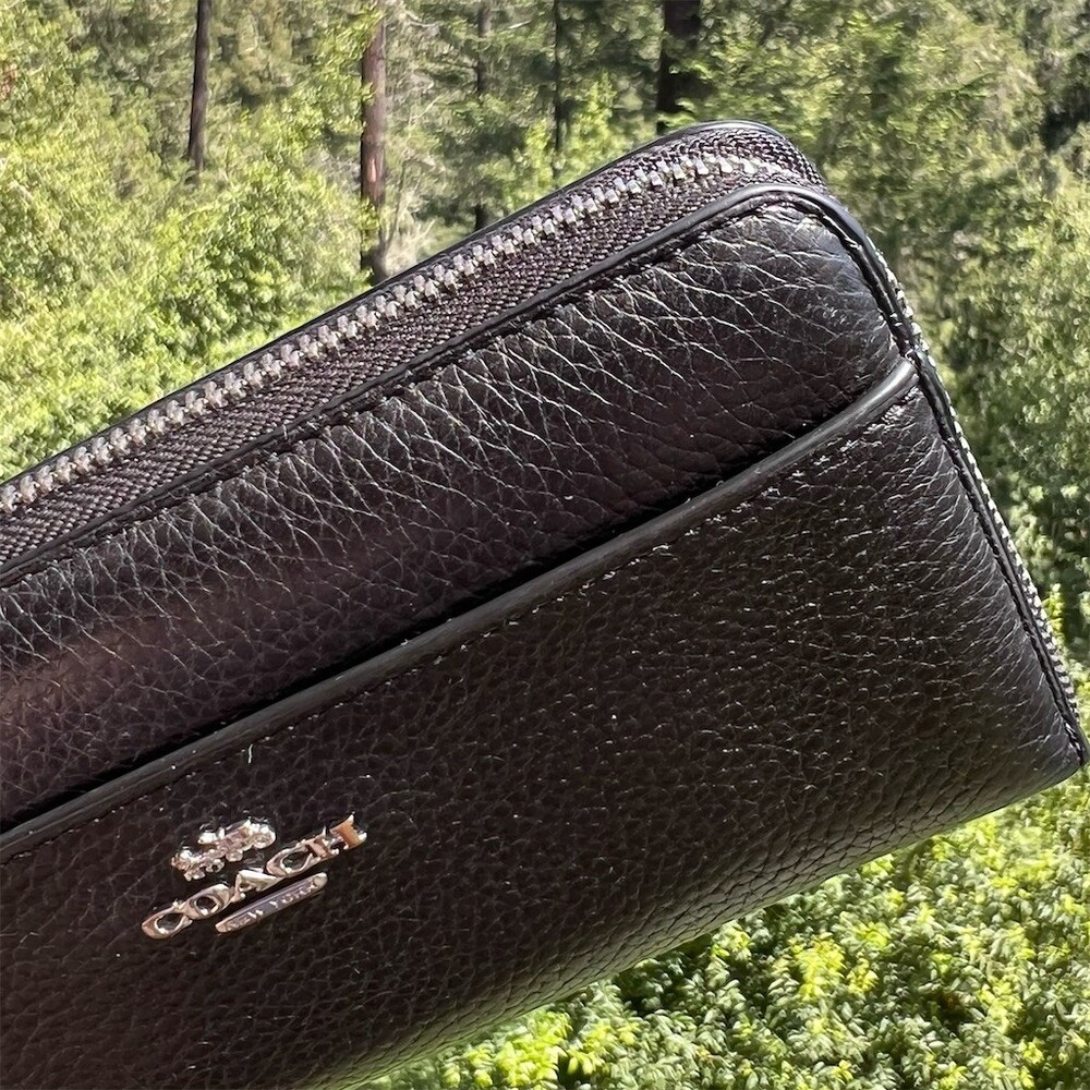 COACH Long Zip-Around Black Pebble Leather Wallet with Strap & Silver Hardware - Picture 10 of 13